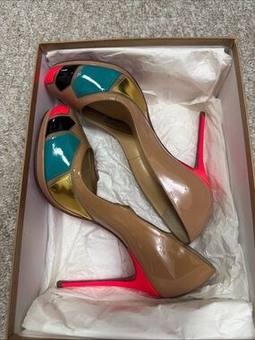 Patent Leather Nude Pump with Neon Pink Heel and Multi-Color Accents